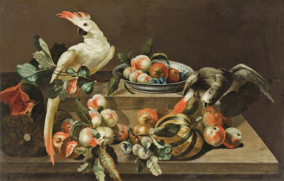 ₴ Репродукция натюрморт от 211 грн.: Два попугая с персиками и дынями на выступе