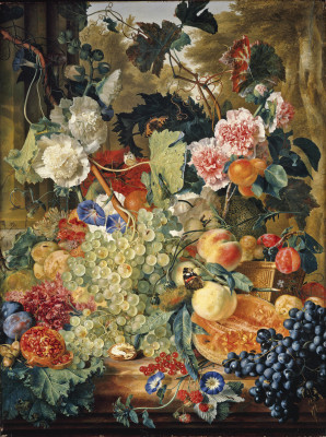 ₴ Репродукція картини натюрморт від 257 грн.: Натюрморт з квітами та фруктами на мармурової стільниці