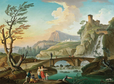 ₴ Репродукція краєвид від 299 грн.: Скелястий річковий краєвид з фігур і мост перед водоспадом