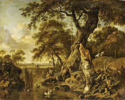 ₴ Картина пейзаж художника від 195 грн.: Річковий пейзаж з рибалкою і мисливцем