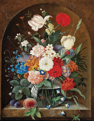 ₴ Репродукція натюрморт від 325 грн.: Декоративний букет квітів у скляній вазі