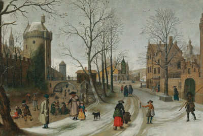₴ Купить картину пейзаж известного художника от 168 грн: Зимний пейзаж с фигуристами за городскими стенами
