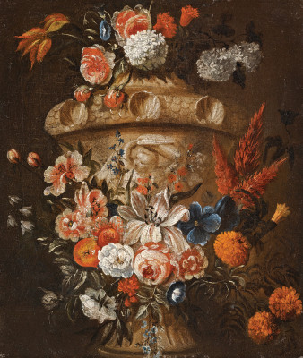 ₴ Репродукція натюрморт від 335 грн.: Натюрморт з квітами, що прикрашають кам'яну урну