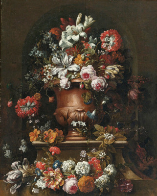 ₴ Репродукция натюрморт от 269 грн.: Розы, пионы, лилии и другие цветы в урне на каменном выступе перед нишей