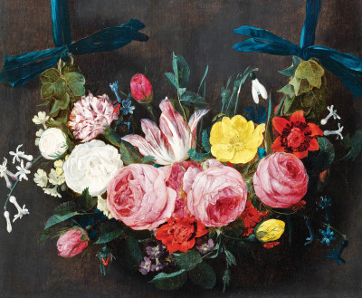 ₴ Картина натюрморт художника від 260 грн.: Гірлянда з трояндами, тюльпанами, гвоздиками, конваліями, фіалками і плющем на синіх стрічках