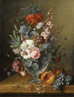 ₴ Репродукція натюрморт від 331 грн.: Квіти у скляній вазе з жимолістю, гранат та виноград на мармуровому виступі