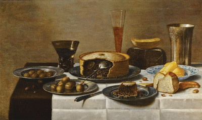 ₴ Репродукція натюрморт від 199 грн.: М'ясний пиріг, хліб, масло, сир та оливки зі скляним посудом