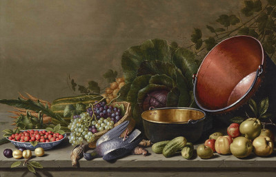 ₴ Репродукція натюрморт від 211 грн.: Кухонний натюрморт з фруктами, овочами і металевим посудом