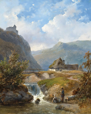 ₴ Репродукция пейзаж от 318 грн.: Идиллический горный пейзаж с фермерским домом