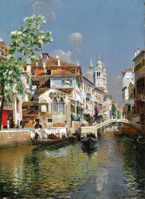 ₴ Репродукція міський пейзаж від 252 грн.: Гондоли на венеціанському каналі, Санта-Марія-делла-Салюті вдалині