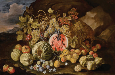 ₴ Репродукція натюрморт від 211 грн.: Кавун, диня, виноград, яблука, гранат, персики, інжир та айва у пейзажі