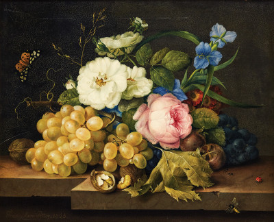 ₴ Репродукція натюрморт від 333 грн.: Натюрморт з квітами, виноградом та волоськими горіхами на уступі