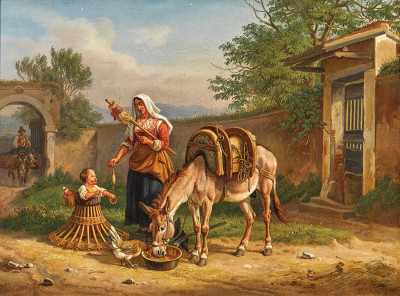₴ Репродукція побутовий жанр від 225 грн.: Італійська селянка з прядкою та маленькою дитиною з ходунками у дворі