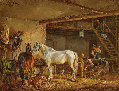 ₴ Репродукція побутовий жанр від 253 грн.: Коричневий кінь з лошатом і сірий кінь у стійлі