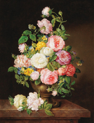 ₴ Репродукция натюрморт от 320 грн.: Розы и анютины глазки в вазе