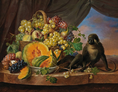₴ Репродукція натюрморт від 325 грн.: Кошик фруктів, наповнений виноградом, персиками, інжиром та маленькою мавпочкою