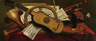 ₴ Репродукція натюрморт від 151 грн.: Музичні інструменти, глобус та інші предмети на столі закритим червоним оксамитом з дівчинкою, що тримає цибулю