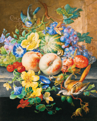 ₴ Репродукція натюрморт від 318 грн.: Квіти, фрукти, два птахи та равлик