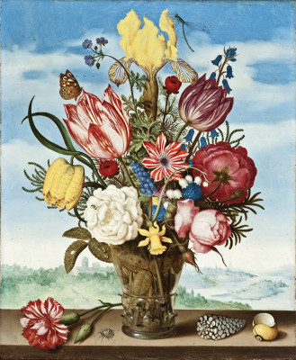 ₴ Репродукція натюрморт від 237 грн.: Букет квітів на виступі на тлі краєвиду