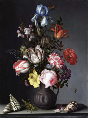 ₴ Репродукція картини натюрморт від 196 грн.: Натюрморт з квітами у вазі, мушлі та коник