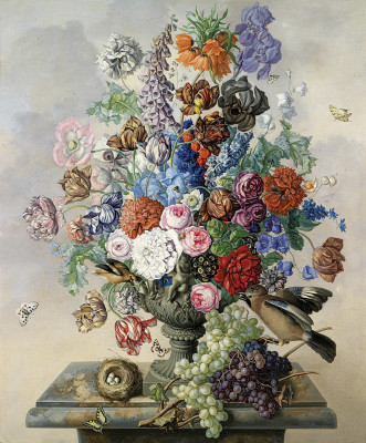 ₴ Репродукція натюрморт від 342 грн.: Квіти у вазі, пташине гніздо, птиця і метелики