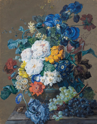 ₴ Картина натюрморт художника від 186 грн.: Натюрморт з квітів з виноградом і метеликом