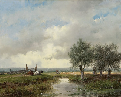 ₴ Картина пейзаж відомого художника від 191 грн.: Літній краєвид з худобою та збиранням урожаю фермерів