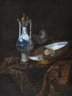 ₴ Картина натюрморт известного художника от 196 грн.: Фарфоровые кувшин и чаша позолоченные на драпированном ковром столе