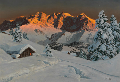 ₴ Картина пейзаж пейзаж известного художника от 168 грн: Альпийский закат, зимний вечер в Китцбюэле с дикими горами Кайзера