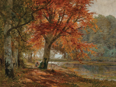 ₴ Картина пейзаж пейзаж відомого художника від 177 грн: Жінка збирає хмиз в осінньому лісі