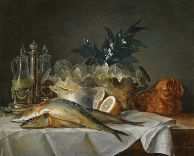 ₴ Репродукция натюрморт от 322 грн.: Скумбрии, изделия из стекла, буханка хлеба и лимоны на столе с белой тканью