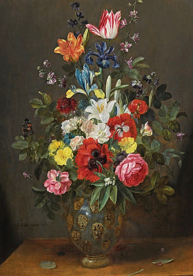 ₴ Картина натюрморт известного художника от 164 грн.: Розы, лилии, тюльпаны и другие цветы в вазе с бабочкой
