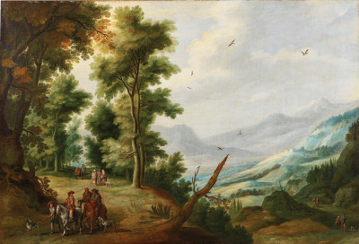 ₴ Картина пейзаж художника от 170 грн.: Обширный пейзаж с путниками, всадниками и охотниками