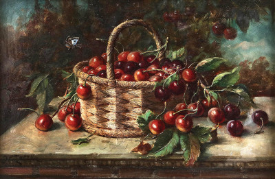 ₴ Репродукція натюрморт від 211 грн.: Плетений кошик з вишнями і метеликом