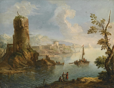 ₴ Картина пейзаж художника від 209 грн.: Гавань зі зруйнованою годинниковою вежею і фігурами стоять на скелястому березі