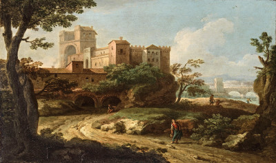 ₴ Картина пейзаж художника від 169 грн.: Італійський пейзаж з фігурою на стежці, місто за стіною