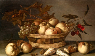 ₴ Репродукція натюрморт від 199 грн.: Кошик з вишнею, яблуками, персиками і гроном винограду, в оточенні яблук, персиків, черепашок, бджіл і бабки
