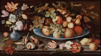 ₴ Репродукция картины натюрморт от 187 грн.: Цветы в вазе Ван-ли, фрукты на блюде Ван-ли и ракушки, цветы и фрукты, разбросанные по каменному выступу, с бабочками и другими насекомыми