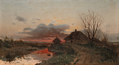 ₴ Репродукция пейзаж от 187 грн.: Закат над деревней