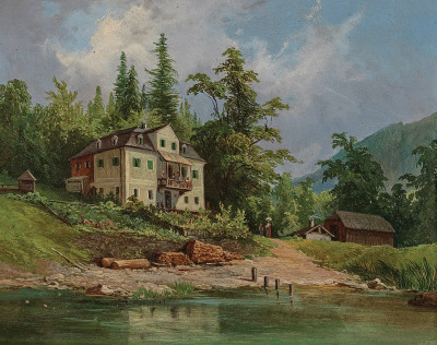 ₴ Картина пейзаж художника від 214 грн.: Лісова вілла біля ставка