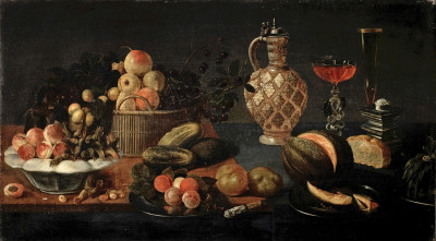 ₴ Картина натюрморт відомого художника від 158 грн.: Кошик, блюдо і тарілки з фруктами на столі з глечиком, келихами вина, хлібом і розрізаної динею