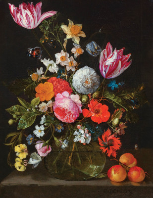 ₴ Картина натюрморт відомого художника від 209 грн.: Квіти в скляній вазі на кам'яній плиті з комахами і абрикосами