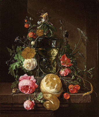 ₴ Картина натюрморт відомого художника від 193 грн.: Квіткова гірлянда навколо беркемейера на виступі