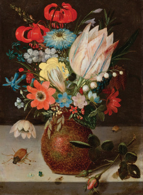 ₴ Картина натюрморт художника від 205 грн.: Натюрморт з квітами, тюльпаном, пролісками, картатій лілією, у вазі з посудом на кам'яному постаменті з комахами