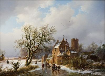 ₴ Картина пейзаж известного художника от 199 грн.: Старый особняк, фигуристы на льду в лесном пейзаже