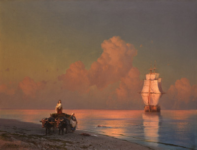 Купить картину море известного художника от 2049 грн.: Повозка с волами на берегу и купальщик на мелководье