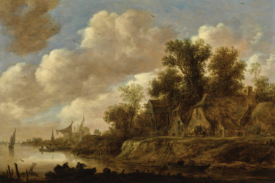 ₴ Картина пейзаж известного художника от 184 грн: Речной пейзаж с домами и голубятней на высоком берегу