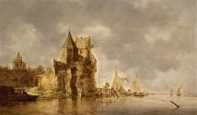 ₴ Картина пейзаж відомого художника від 184 грн: Річковий пейзаж зі зруйнованою прибережній фортецею