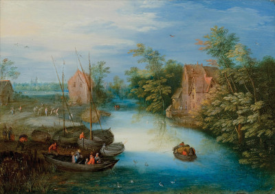 ₴ Картина пейзаж известного художника от 194 грн.: Річковий пейзаж з поромом і фігурами