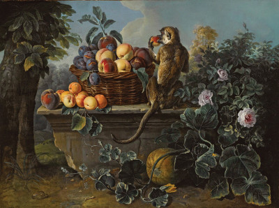 ₴ Репродукція натюрморт від 204 грн.: Мавпа і кошик фруктів на виступі на тлі пейзажу